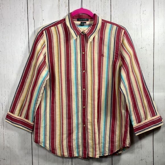 Lauren Ralph Lauren  Vintage Linen Cotton Blend Striped 3/4 Sleeve Button Down - Picture 5 of 14